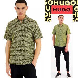 Hugo Boss Men's EBOR Allover Logo Print Short-Sleeve Shirt Black Yellow NWOT XL